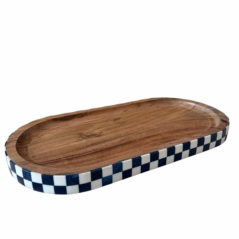 Blue & White Checkered Enameled Mango Wood Serving Tray 14x7 Made In India NEW - Picture 5 of 15
